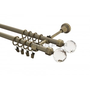 Garnýž kovová 1,6m rýhovaná dvouřadá - dvojitá, Koule crystal double, mosaz