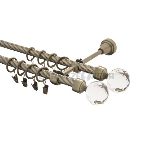 Garnýž kovová 230 cm kroucená dvouřadá - dvojitá 16 Koule crystal double mosaz