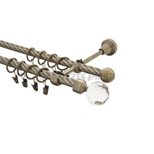 Garnýž kovová 180 cm kroucená dvouřadá - dvojitá 16 Koule crystal mosaz