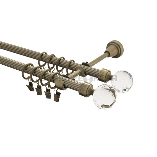 Garnýž kovová 140 cm rýhovaná dvouřadá - dvojitá 16 Koule crystal double mosaz